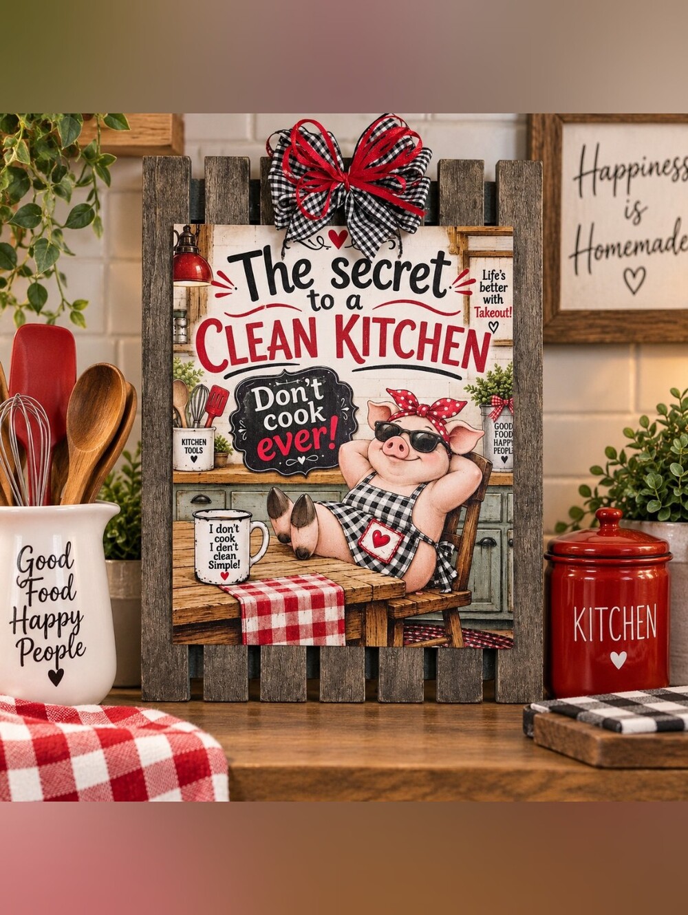 Hand Crafted Red & Black Farmhouse Pig Kitchen Plaque